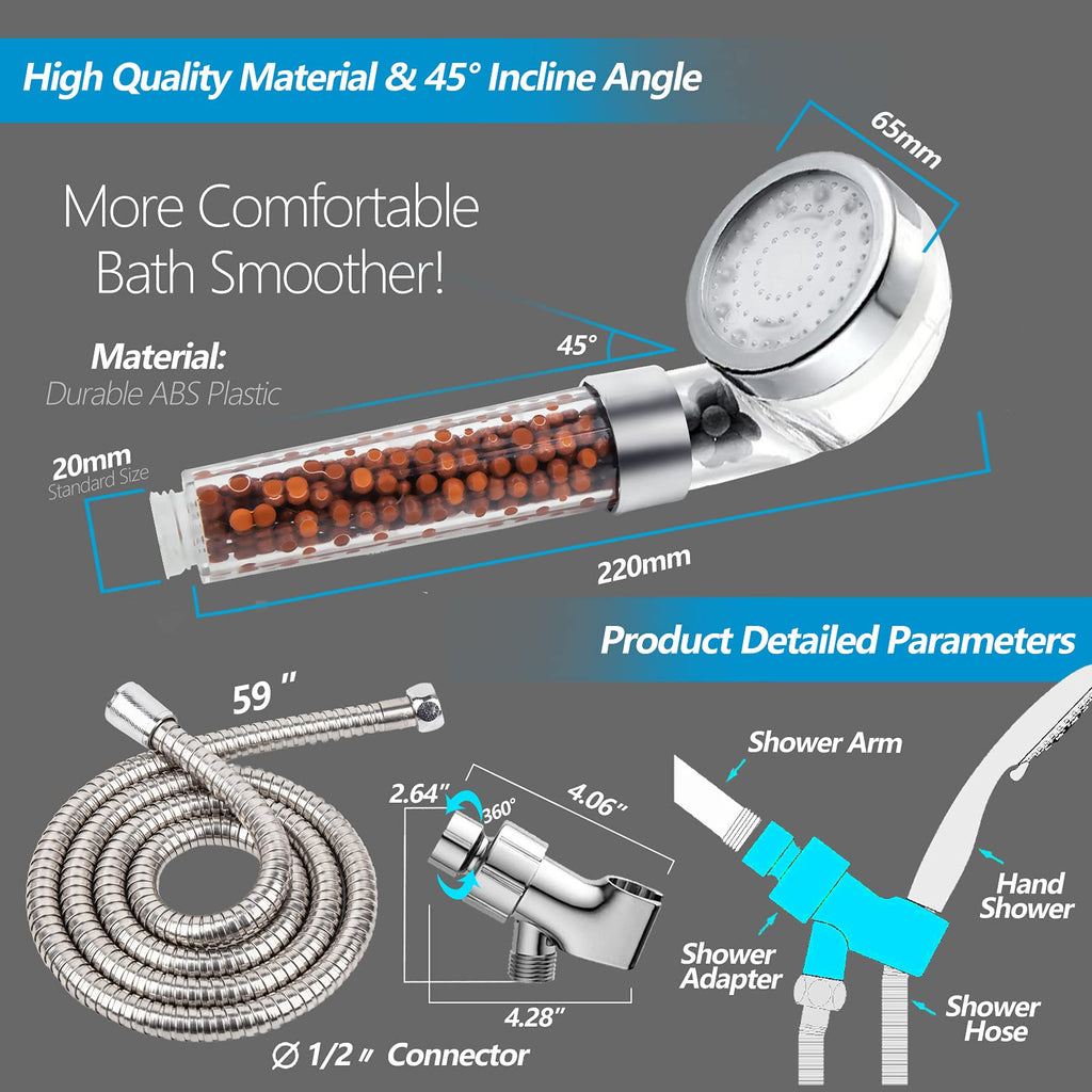 LED Shower Head with Handheld, High Pressure Shower Head with Hose, Holder & PTFE Tape etc, 3 Water Temperature-Controlled Water Saving Filtered Shower Head for Dry Hair& Skin