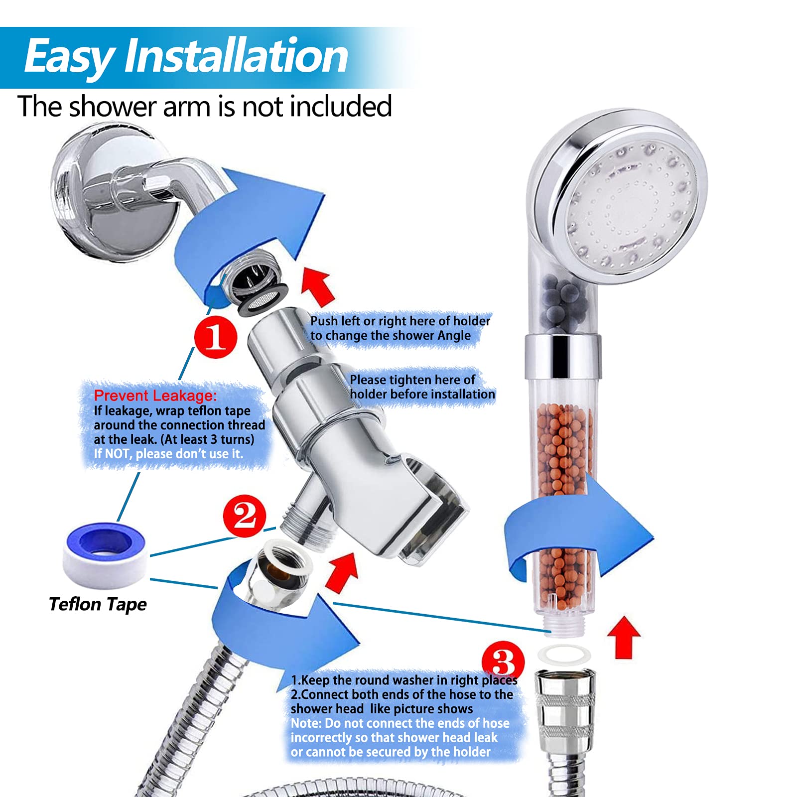 LED Shower Head with Handheld, High Pressure Shower Head with Hose, Holder & PTFE Tape etc, 3 Water Temperature-Controlled Water Saving Filtered Shower Head for Dry Hair& Skin