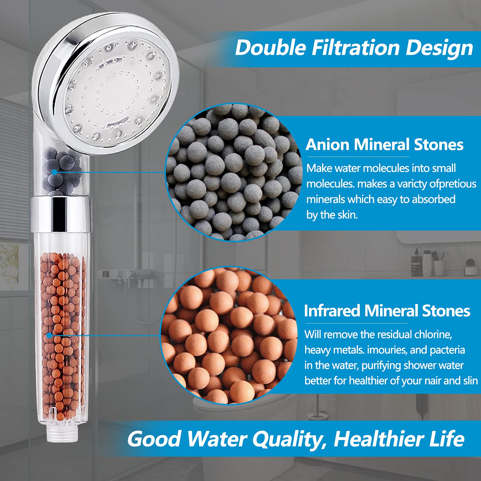 LED Shower Head with Handheld, High Pressure Shower Head with Hose, Holder & PTFE Tape etc, 3 Water Temperature-Controlled Water Saving Filtered Shower Head for Dry Hair& Skin