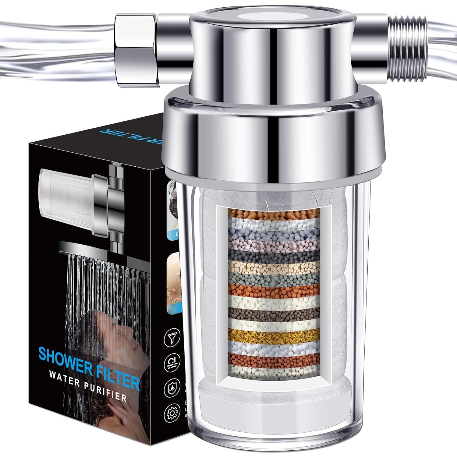 Clear Shower Filter for Hard Water & Chlorine Removal | High Output Filtered Shower Head Improves Skin & Hair | Universal Fit Visible Filter