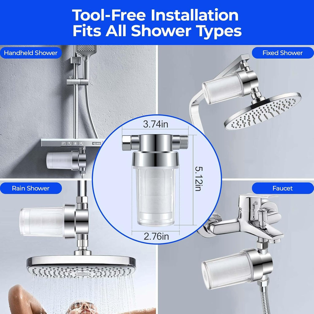 Clear Shower Filter for Hard Water & Chlorine Removal | High Output Filtered Shower Head Improves Skin & Hair | Universal Fit Visible Filter