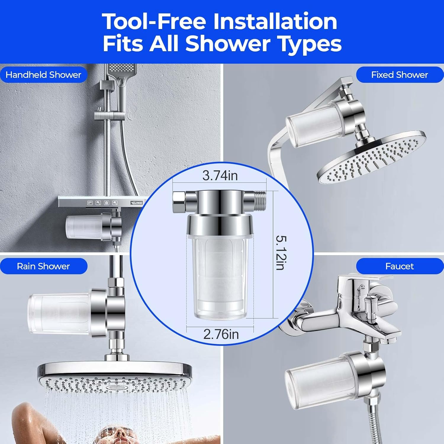 Clear Shower Filter for Hard Water & Chlorine Removal | High Output Filtered Shower Head Improves Skin & Hair | Universal Fit Visible Filter