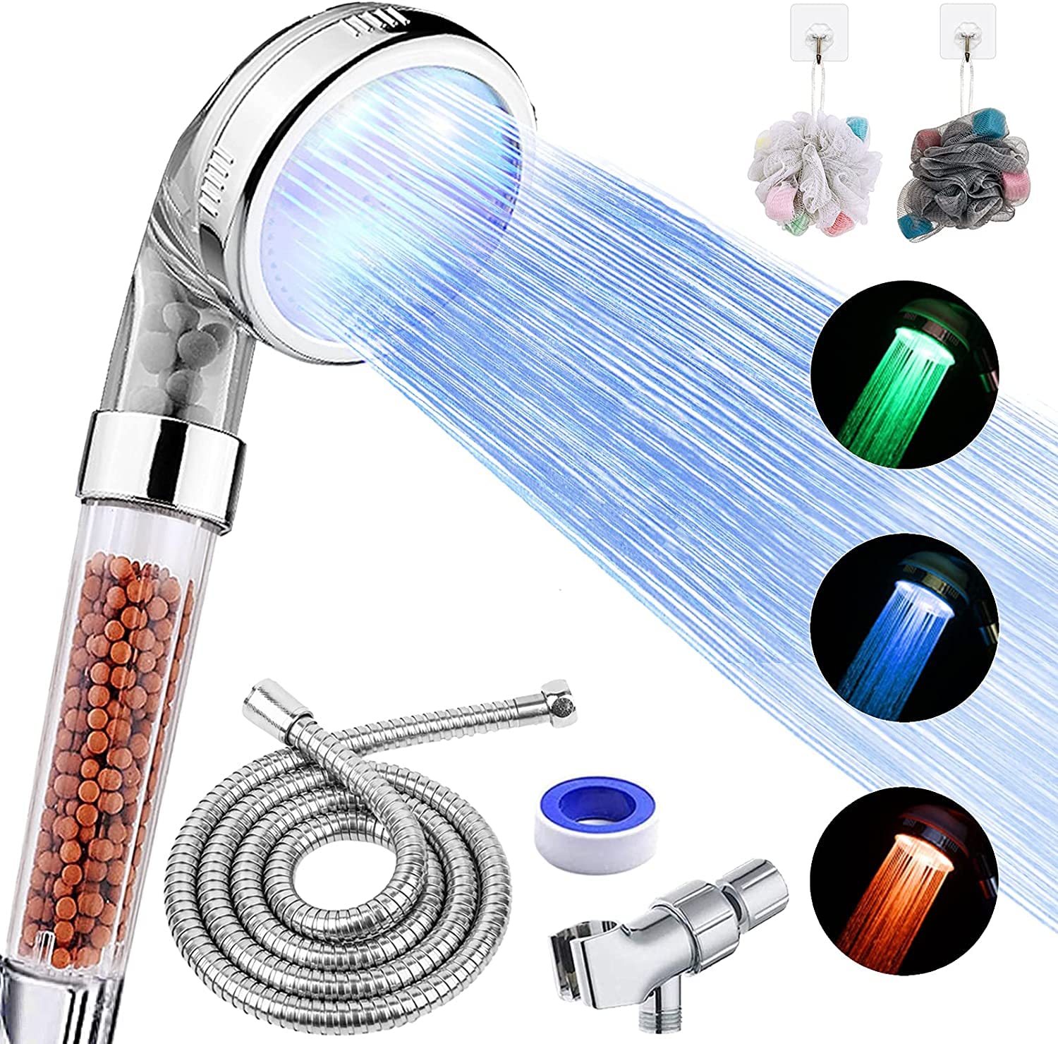 LED Shower Head with Handheld, High Pressure Shower Head with Hose, Holder & PTFE Tape etc, 3 Water Temperature-Controlled Water Saving Filtered Shower Head for Dry Hair& Skin