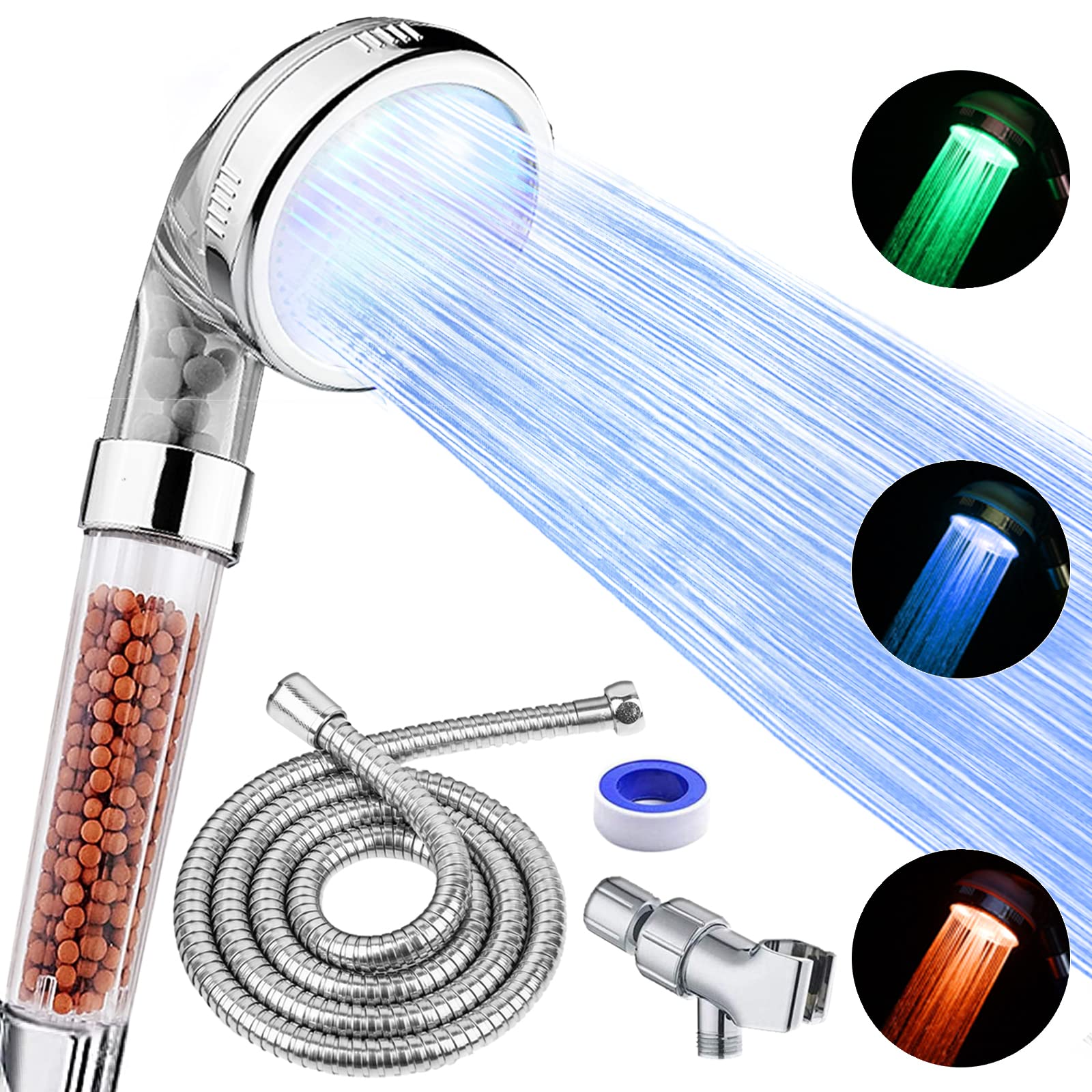 LED Shower Head with Handheld, High Pressure Shower Head with Hose, Holder & PTFE Tape etc, 3 Water Temperature-Controlled Water Saving Filtered Shower Head for Dry Hair& Skin